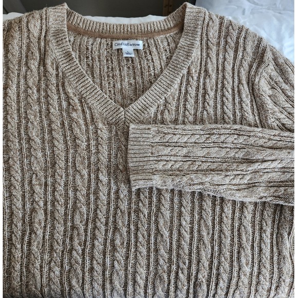 Croft & Barrow Women's Cable Knit V-Neck Sweater Size L Long Sleeve Beige Cotton - Picture 3 of 8